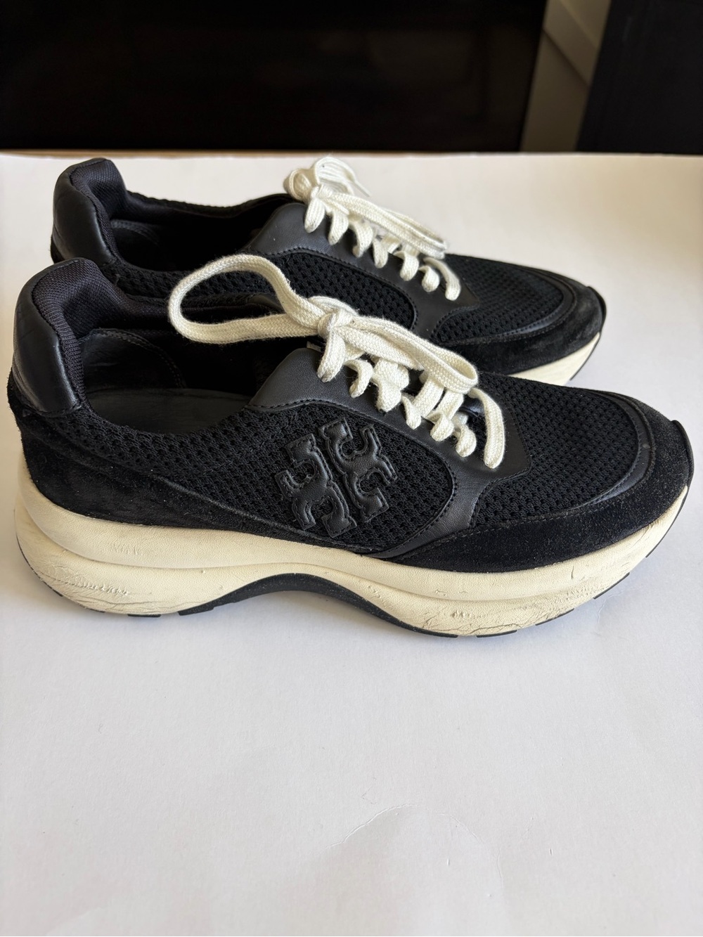 Tory Burch Black Mesh & Suede Platform Sneakers with Cream Laces